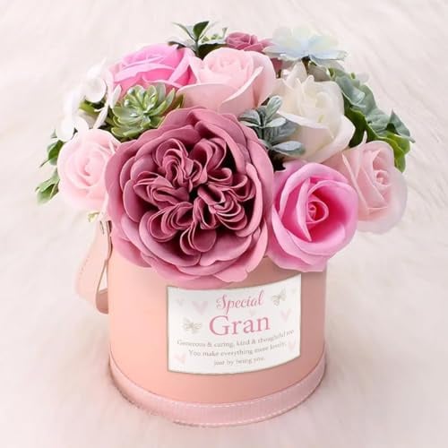 Gran Flowers Gifts for Gran, Soap Flower Bouquet, Everlasting Flowers, Thoughtful Gifts for Gran, Birthday, Mother’s Day, Pink Roses, Artificial Flowers, Sentimental Verse, Flower Bouquet