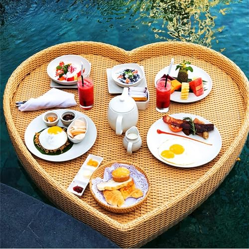 CHRISK Schwimmendes Pooltablett für Speisen und Getränke, Deluxe-Schwimmtablett für den Pool, stilvolles Frühstückstablett aus Rattan gewebt auf dem Wasser
