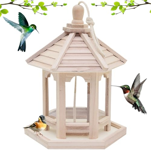 CUCUFA Bird Feeder House, Wooden Bird Feeder, Feeding Station for Garden, Hanging Bird Table, Bird Feeders Station, Outdoor Feed Tray, Natural Garden Bird House, Decorative Wooden Bird Table