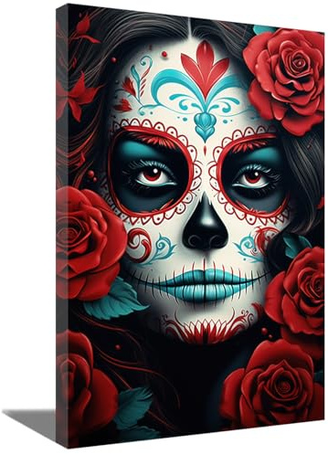 ZQQART Totenkopfgesicht mit Rose Leinwand Wanddekoration abstrakte gotische Rose Blumen Totenkopf Bilder Tag der Toten Halloween Gemälde Schlafzimmer Wohnzimmer Dekor (ROT,30x45cm)