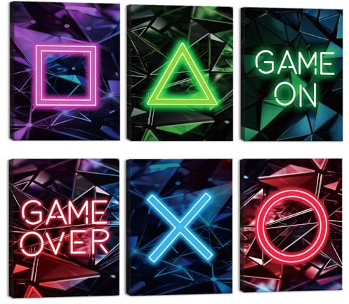 CHDITB 6PCS Watercolor Gaming Posters,Neon Gaming Poster Set for Kids,Game On Game Over Boy Bedroom Accessories,Xbox Gaming Canvas Picture,Game Framed Wall Art for Teen Boys Playroom Decor 20x25cm