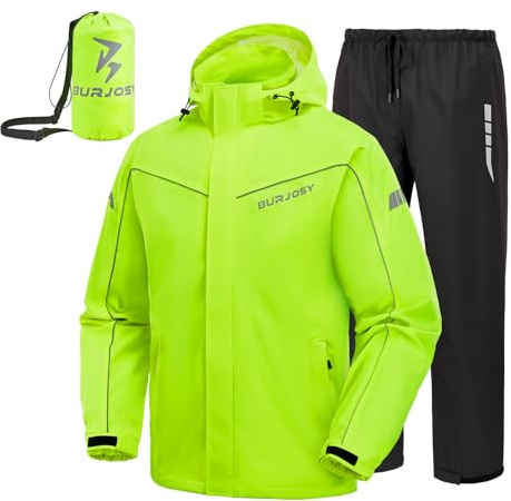 Regenanzug Herren wasserdicht 2-teilig reflektierend und packbar | TPU-Laminat, Winddicht, Packtasche, Wasserdichter Reißverschluss, abnehmbare Kapuze, für Arbeit, Outdoor, Golf, Rad