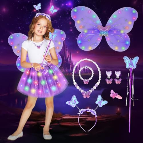 COYBTO Costume da Principessa Delle Fat,Costume da Fata Luminosa per Bambine,Vestito da Fata con Ali di Farfalla Luminose,Gonna in Tulle per Bambini per Festa di Halloween Carnevale (Viola)