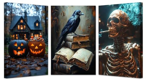JOSUE 3 Stück Schwarz, grau Halloween Decor LeinwäNde Groß Xxl Bilder, Tierische Kürbisse Poster HeimbüRo Wohnzimmer Schlafzimmer Badezimmer Wanddeko-50x70cmx3 Gerahmt