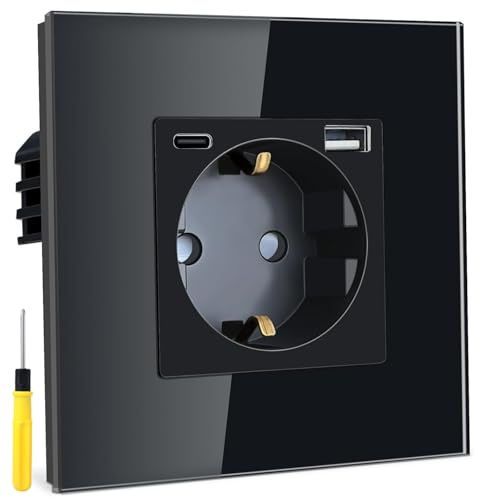 Acmerota Steckdose mit USB-C USB-A QC 3.0 MAX 3A 1 Fach Steckdosen Unterputz Steckdose, Steckklemme mit Glas Platte Wandsteckdosen Schwarz 86 * 86mm mit Schraubendreher