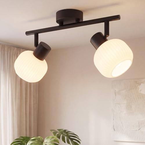 Deboola Deckenstrahler 2 Flammig Deckenleuchte Flur - Deckenlampe Schwarz | Deckenspots Vintage Glas Strahler Innen E14 Morden 350°Schwenkbar Spots für Schlafzimmer Wohnzimmer(Ohne Leuchtmittel)