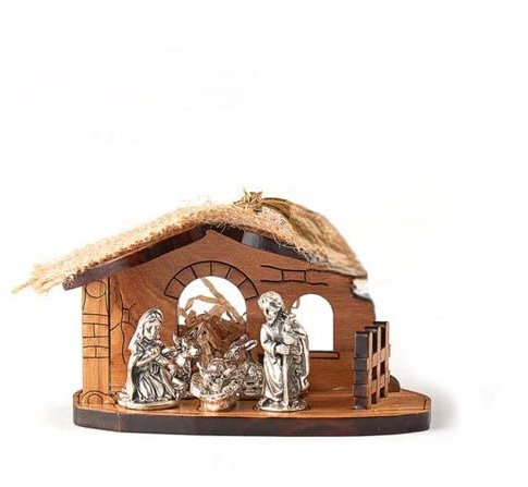Generico Presepe in Legno d'ulivo con Statuine in Metallo, Decorazione Natalizia varie dimensioni.made in italy (9,3X6.5)