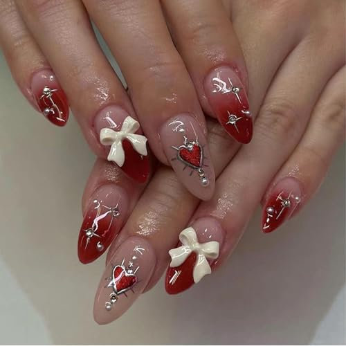 24 Pcs False Nails Almond Medium, French Tip False Nails With Glue,Full Cover Press on Nail Medium Long, Acrylic Fake Nail,Stick on Nails for Women, DIY Nail Art
