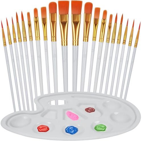YOYUSH Paint Brush Set, 20 Pcs Nylon Hair Paint Brushes with A Palette, Artists Paint Brushes For Acrylic Painting, Oil, Watercolor, Gouache & Face Painting-White