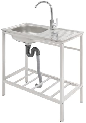 banborba Stainless Steel Sink, Indoor/Outdoor Utility Sink, Free Standing Single Bowl with Hot and Cold Faucet, Storage Shelf for Restaurant, Garage, Garden