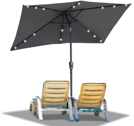 Ollewiellan Sonnenschirm LED Solar 210 x 140cm Grau mit Kurbel | Sonnenschirm Rechteckig Ampelschirm Gartenschirm Terrassenschirm Sonnenschutz UV50+ Knickbar wasserdicht für Garten, ohne Ständer