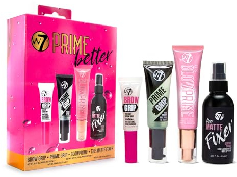 W7 Prime Better 4-Piece Makeup Base and Set Collection | Primer, Fixer, Glow and Brow Grip