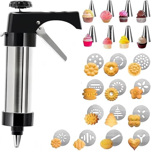 BAKAMITAYI Cookie Press Gun Kit, Edelstahl Spritz Set, Presspistole mit 8 Spritztüllen und 13 Keksscheiben