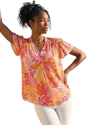 Roman Originals Leaf Print Shirred V-Neck Top for Women UK - Ladies Everyday Holiday Spring Summer V-Neckline Comfy Soft Evening Vacation Work Party - Pink - Size 20