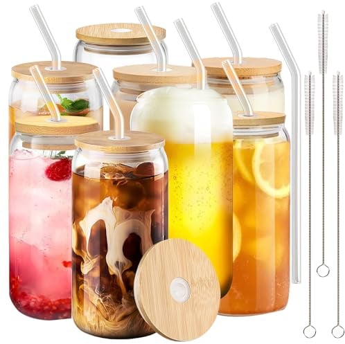 MEETOZ Finew Glasbecher mit Bambusdeckel und Glasstrohhalmen, wiederverwendbar, Dosenform, für Smoothies, Bier, Cola, Saft, Limonade, 8 Stück