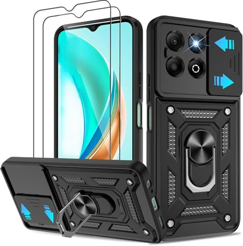 PIXFAB for Motorola Moto G56 Case with 2 x Screen Protector Tempered Glass, Shockproof Case with Camera Lens Protection, Protective Ring Armour Phone Case Cover with [Kickstand] - Black
