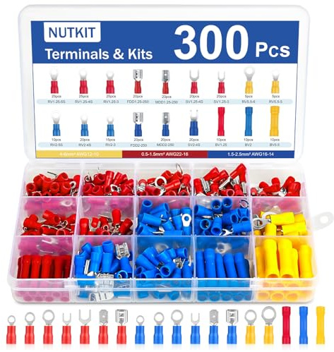 NUTKIT 300PCS Kabelschuhe Set, 18Typ Quetschverbinder Sortiment 0.5-6.0mm² | Kabelschuhe Flachstecker Isoliert Set, Ringkabelschuhe, Gabelkabelschuhe, Stoßverbinder und KFZ Quetschverbinder Set-Bunt