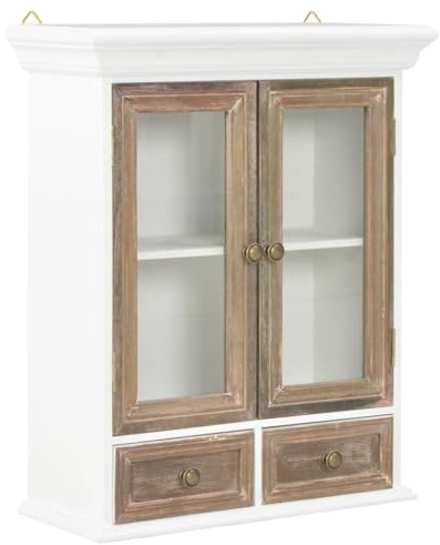 KTHLBRH Rustikaler französischer Wandschrank mit zwei Schubladen und Glastüren für Küche, Bad, Wohnzimmer, Gewürze, Handtücher, Bücher, Dekoration