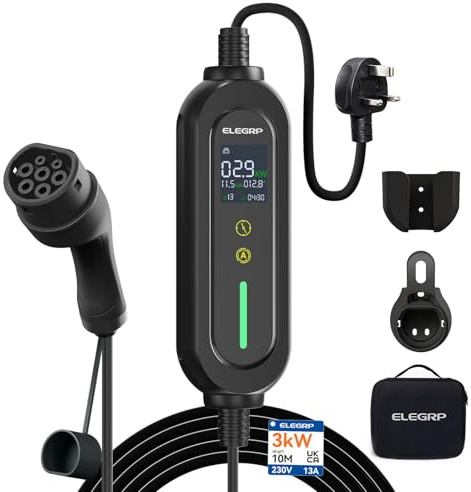 ELEGRP EV Charger Type 2 to 3 Pin Plug 10M/32.81Ft, 3kW Electric Car Charger [6/8/10/13A], Granny Type 2 Charging Cable IP66 Suitable for EVs & PHEVs