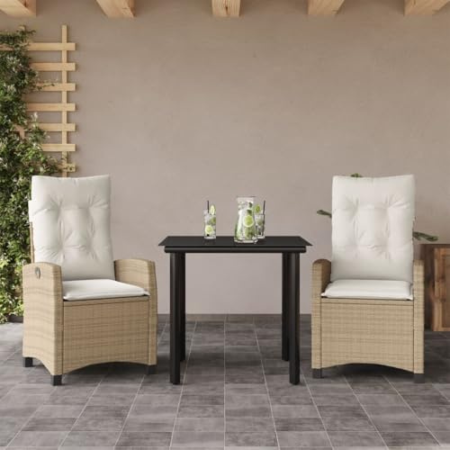 Tonture 3-TLG. Garten-Essgruppe mit Kissen Beige, Poly Rattan, verstellbare Relaxsessel, Glastisch, UV-beständig, für Balkon, Terrasse, Außenbereich