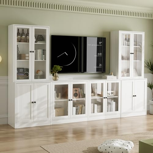 VOWNER 4PSC Großer TV-Schrank mit Bücherregalen für Fernseher bis zu 70 Zoll, 280 cm Long tv Ständer mit gehärteten Glastüren und Einlegeböden, fernsehschrank für Wohnzimmer, 2B+2D (Weiß)