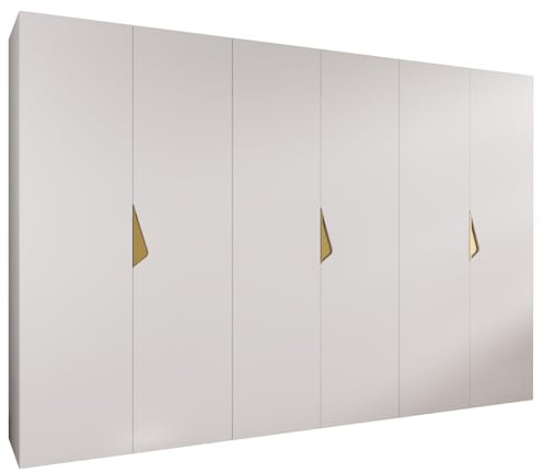 MEBLE KRYSPOL - Kleiderschrank - Garderobenschrank - 300 cm x 202 x 52 cm - Schrank mit Kleiderstange, 6 Türen - für Schlafzimmer, Flur - SANDI, Weiß, Griff Gold