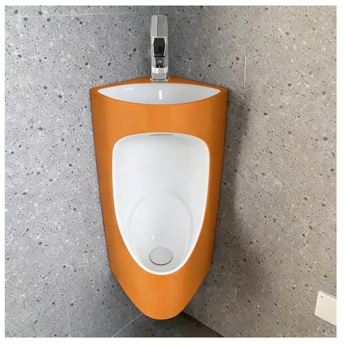 Urinoir mural en céramique Urinoirs D'angle pour Hommes Salle de Bains, Urinoir 2 en 1 en Céramique avec Lavabo, Urinoir Intégré Mural, Conception Anti-odeurs(White+Orange)