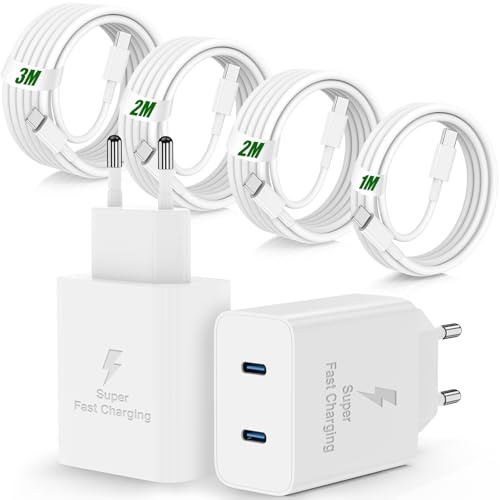 45W Dual Port USB C Ladegerät für iPhone 18 17 Pro Max/Air,USB C Schnellladegerät Adapter Netzteil mit Ladekabel 1M+2M+2M+3M für iPhone 17e 16 15 Pro, iPad Air Pro/iPad,Galaxy S26/S25 Ultra-Weiß