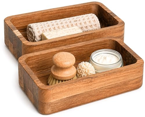 Aufbewahrungsbox Holz 2er Set – Badezimmer Organizer & Bad Aufbewahrung aus Akazienholz 18x12x5 cm – Aufbewahrung Badezimmer, Holzkiste ohne Deckel, Bathroom Organizer, Holz Organizer