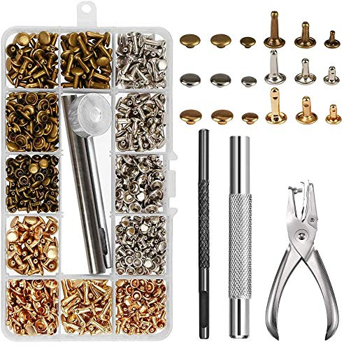 NACTECH 300 Set Remaches para Cuero 3 Tamaños Remaches Piel Metalicos Doble Tapa 6, 8, 12mm Remaches Tubulares Decorativos Para Cuero Reparación Cinturón Bolsos Fijación Dorados Bronce Plateado