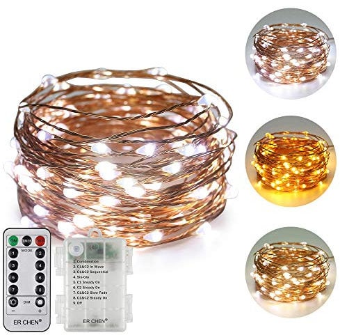 ErChen Battery Operated Dual-Color Led String Lights, 33FT 100 LEDs Color Changing Dimmable 8 Modes Copper Wire Fairy Lights with Remote Timer for Indoor Outdoor Patio (Warm White, White)