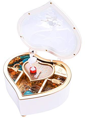 SPETYORT Schmuckkästchen mit Ballerina-Motiv, drehbar, für Tanzmädchen, herzförmig, Schmuckaufbewahrung, Spieluhr, Geschenk, Weiß