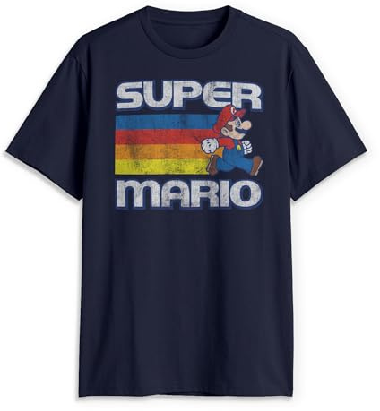Nintendo Herren Super Mario Running Retro Stripe T-Shirt, Marineblau, XL