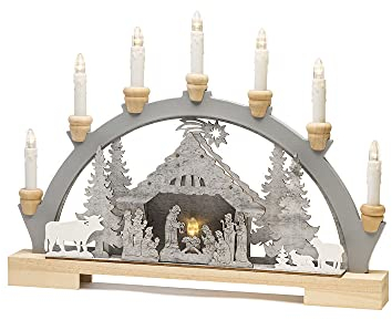 Konstsmide LED Candle Arch Nativity Motif Wooden Table Decoration Transformer or Battery Operation (Excl.) 10 Warm White Diodes Transparent Cable, Wood, Grey Christmas Decorations