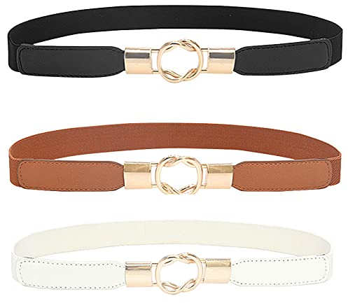 Lidiper 3 Pack Skinny Belts for Women, Elastic Waist Band Stretch Women Thin Belt Fashion Dress Belts for Dresses Skirt (Black/Brown/White)