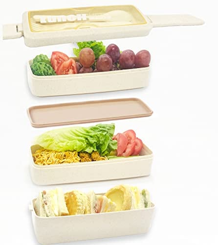 Meider Upgrade Bento Lunch Box, Reusable Bento Box for Kids and Adults, Reusable Meal Prep Containers with Fork and Spoon(1000ml,Beige)