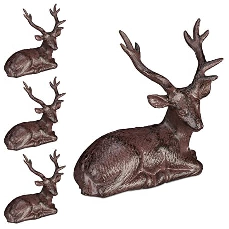 4 x Hirsch Figur, sitzender Deko Hirsch, antik & rustikal, wetterfest, Garten, Balkon, Gusseisen, REH Figur, braun