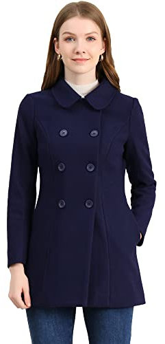 Allegra K Damen-Trenchcoat mit Peter-Pan-Kragen, zweireihig, lang, für den Winter, marineblau, M