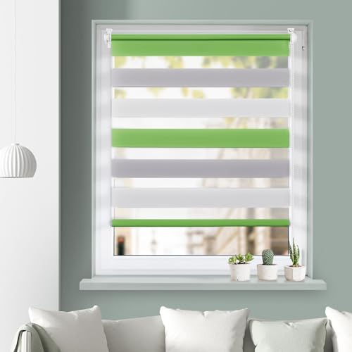 Grandekor Doppelrollo Klemmfix ohne Bohren Grün-Grau-Weiß 80x110cm(Stoffbreite 76cm) Fenster Rollos für innen Klemmrollos Duo Rollos für Fenster ohne Bohren mit Bohren Privatschutz Zebrarollo