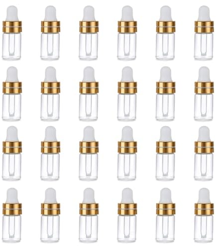 Bamboopack 24 PCS 3ml/0.1oz Empty Mini Clear Glass Dropper Bottles Essential Oil Makeup Cosmetic Lotion Sample Vials Dispenser Containers Storage with Gold Head Glass Dropper
