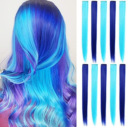 LSKJMO Colored Clip-in Hair Extensions,Synthetic 20'' 10pcs -Sky blue Blue | Clip-in Installation,Easy Application,Highlights,Lightweight,high temperature resistance,colorfast,tangle-resistant,DIY