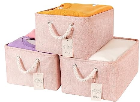 JUNLAI 3 Pcs Storage Baskets with Handles, Foldable Pink Storage Boxes, Fabric Wardrobe Storage Basket for Office & Home, Book, Clothes, Toys（Pink, Medium）