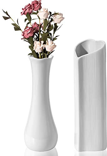Lot de 2 Vases Céramique Décoratifs - 21 cm pour Herbe de la Pampa, Fleurs Séchées - Blanc, Moderne - Décoration de Table, Centre de Table de Mariage