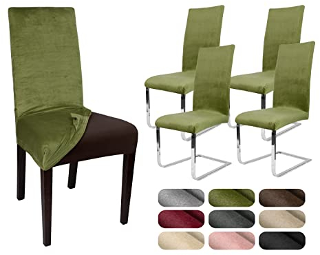 BEAUTEX 4er Set LEA Stuhlhusse, elastische Uni Stretch-Husse aus Samt Mikrofaser Farbe wählbar (Olivgrün)