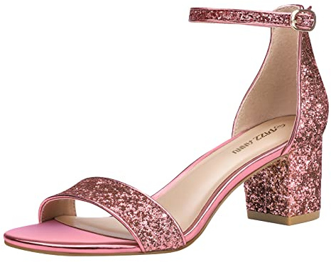 PIZZ ANNU Women's Low Block Chunky Heels Sandals Comfortable Open Toe Ankle Strap Party Dress Pump Shoes Strappy Buckle Heeled Sandal, Rose Gold Glitter, 4 UK