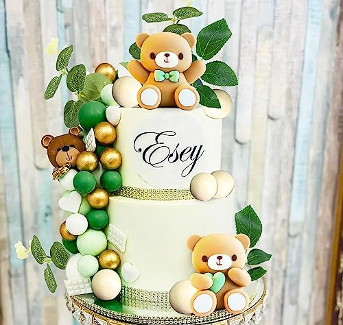 JeVenis Luxury Sage Green Baby Shower Cake Decoration Teddy Bear Cake Topper Gender Reveal Cake Decoration Bear Baby Shower Party Supplies Teddy Bear Decorations