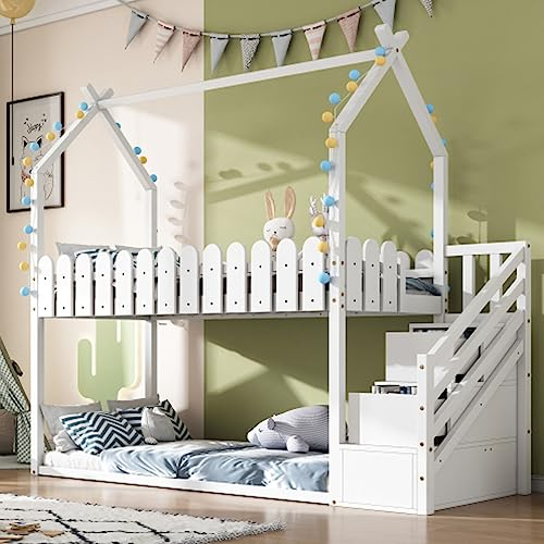 Kinderbett Etagenbett Mit 3 Treppen Und 2 Schubladen Hausbett 90 X 200 cm Bodenbett Mit Rausfallschutz Hochbett Für Kinder Und Jugendliche Jugendbett Bettgestell Weiss