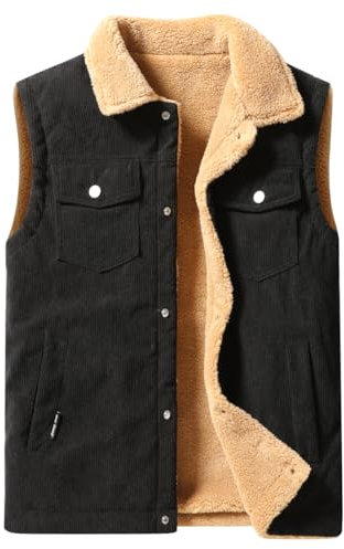 Oralidera Herren Winter Kord Weste Warme Fleeceweste Freizeit Steppweste Ärmellos Jacke Herrenwesten Winddicht Korduroy Winterweste, Schwarz, L