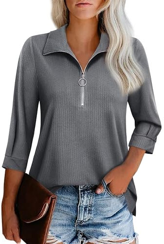 Cuptacc Oberteile Damen 3/4 Ärmel V-Ausschnitt Reißverschluss Leicht Bluse Damen Elegant Morandi Gray Mittel M 38-40