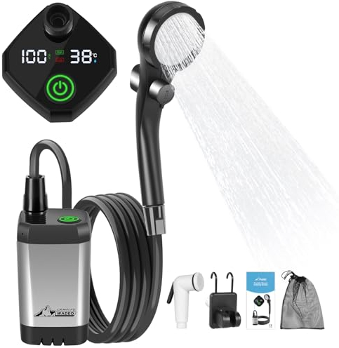 WADEO Tragbare Campingdusche Akku mit Pumpe, Camping Dusche mit wiederaufladbarem 6000-mAh-Akku, Mobile Duschen mit Duschkopf, für Camping Reisen Garten Wandern Autowaschen (Silbergrau, Typ C)